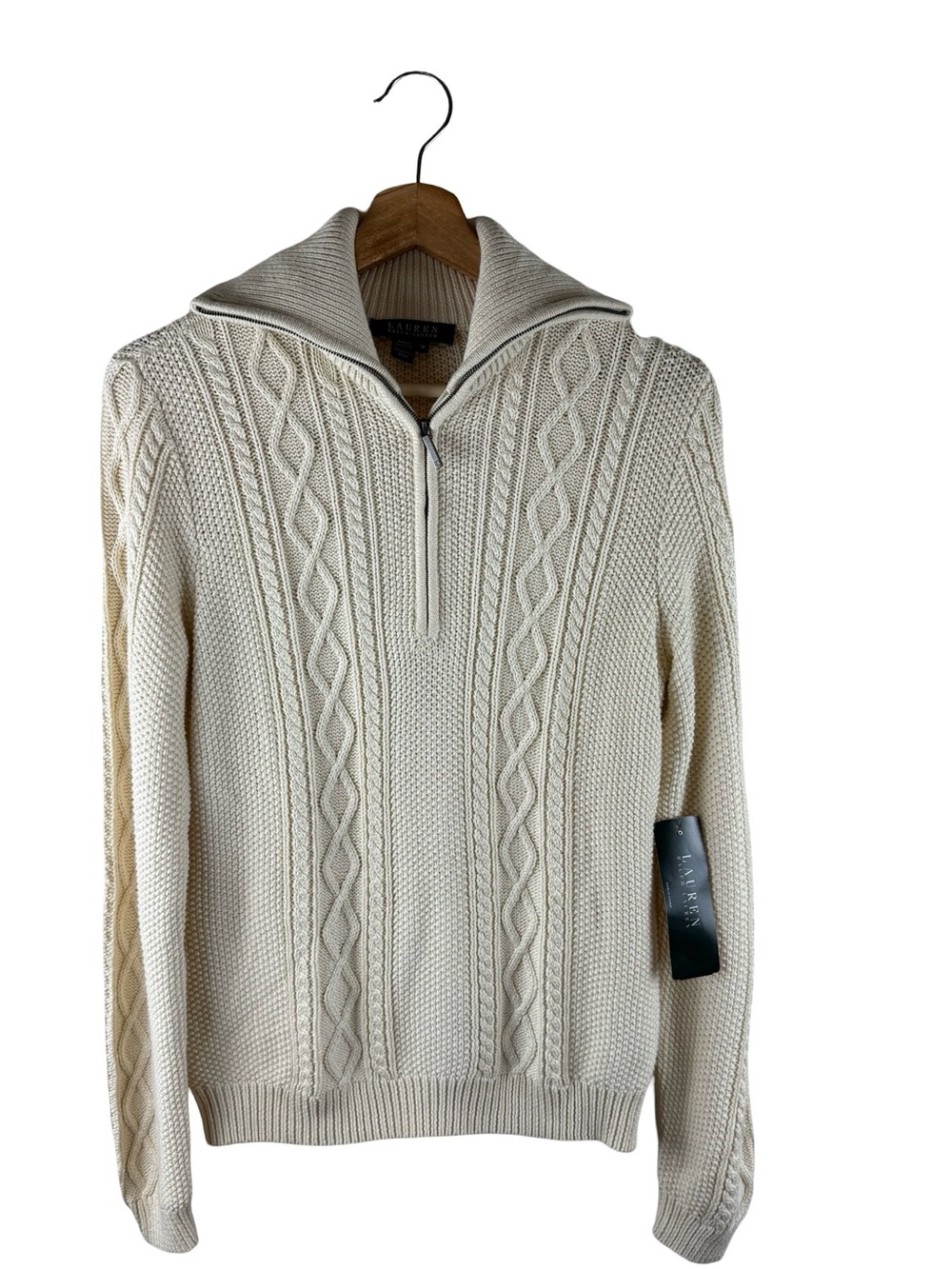 Lauren Ralph Lauren Womens Cable Knit Sweater Cream 1/2 Zip Preppy Warm Cozy New